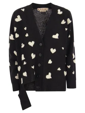Cardigan lungo in lana con motivo Bunch of Hearts