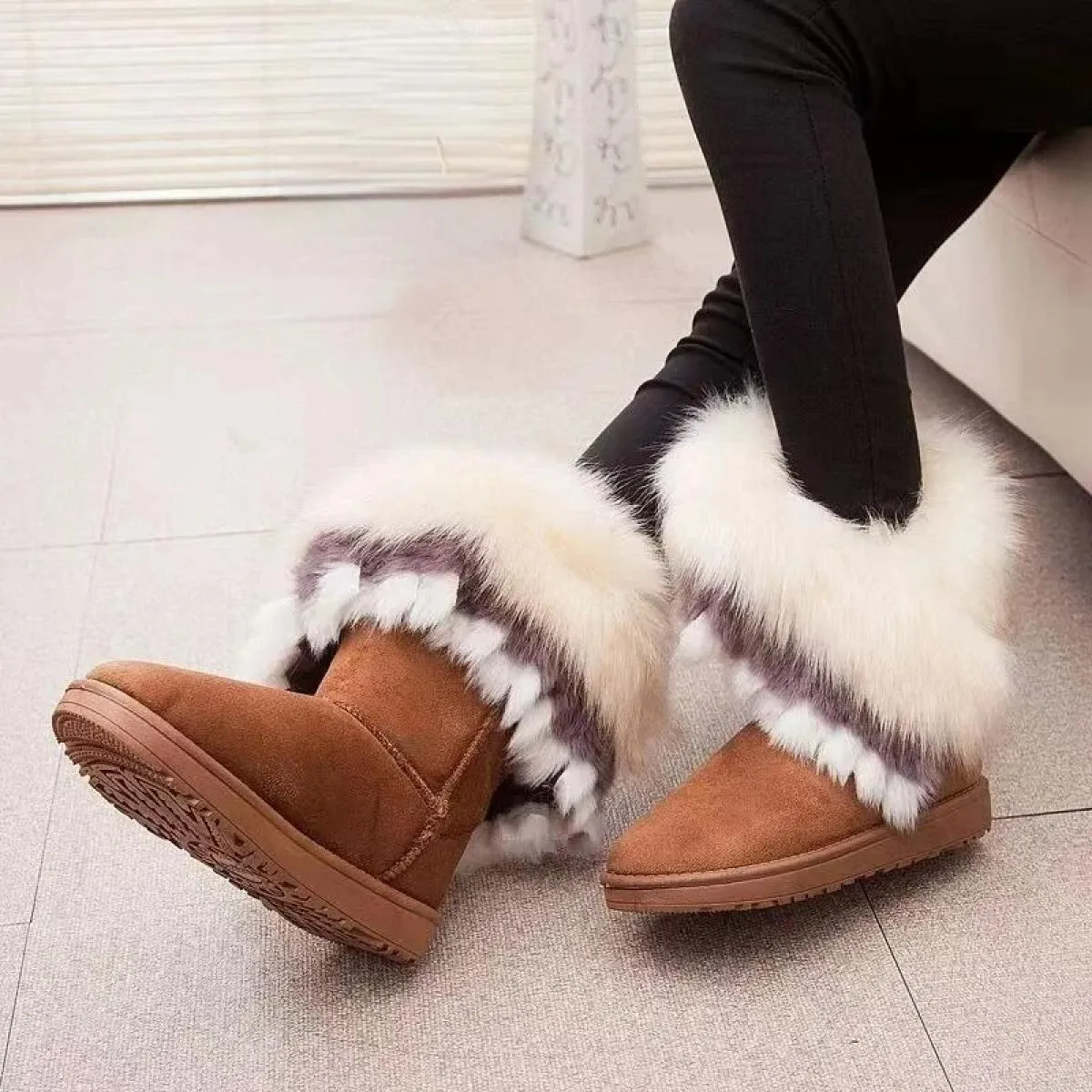 Stivali da donna con caviglia Stivali da neve Stivali di pelliccia Scarpe invernali da neve calde Donna Punta tonda Scarpe da do