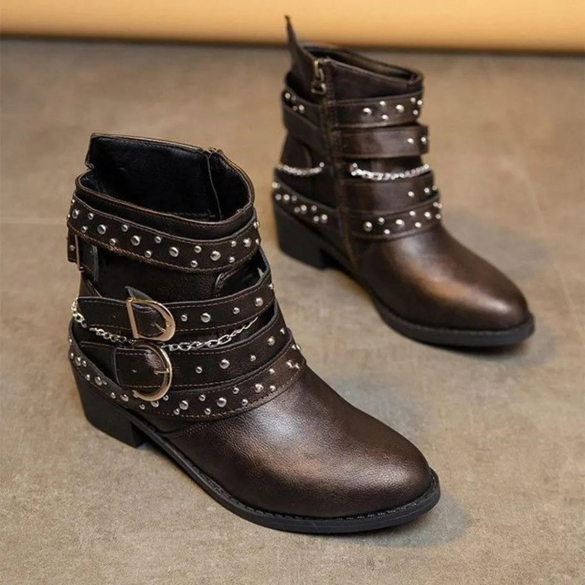 Stivali da moto da donna retrò con tacco quadrato Stivaletti con design con zip con rivetti per scarpe da donna street style occ